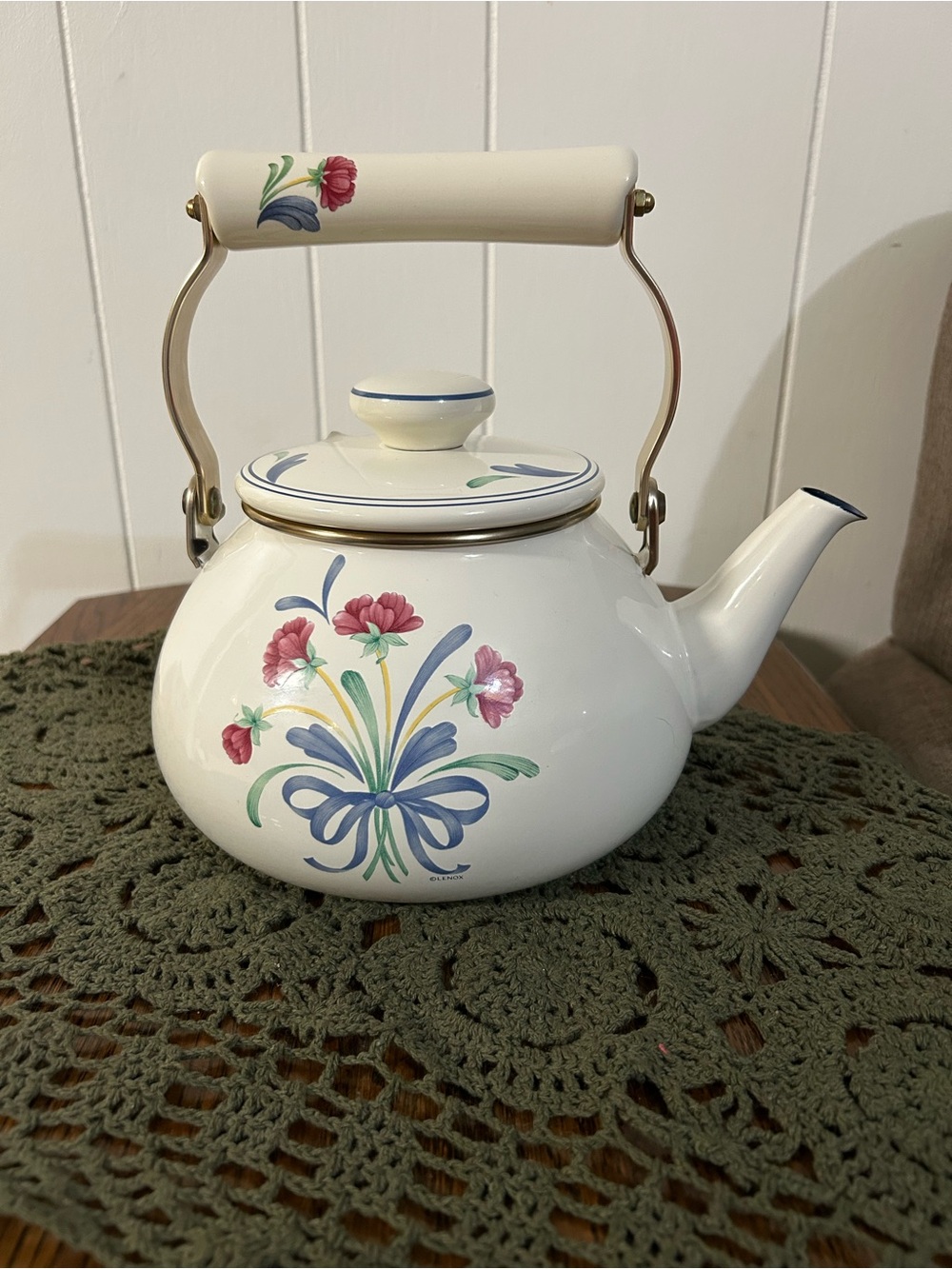 1984 Lenox Poppies on Blue Enamel Metal Tea Kettle